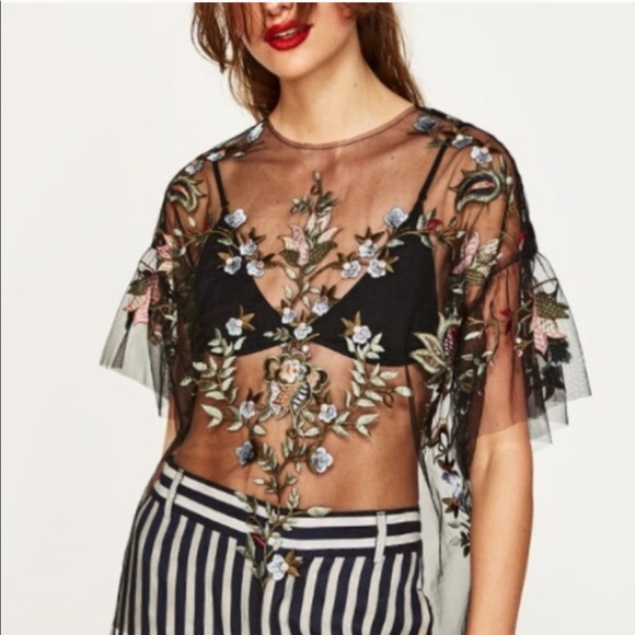 Zara Tops - Zara embroidered sheer short sleeve top
